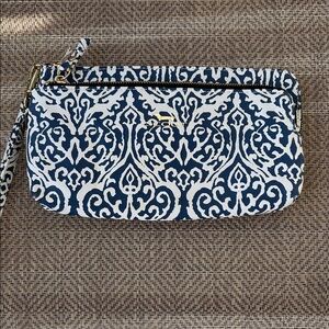 SCOUT Blue and White Print Clutch/Wristlet. Two zipper compartments.